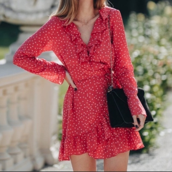 REALISATION PAR Red Alexandra Star Print Ruffle Long Sleeve Wrap Mini Dr… - Picture 3 of 14